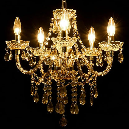 PAPAYA Plug-in 5 Light Gold Crystal Hanging Pendant Lights Acrylic Chandelier with Cord & On/Off Switch H19 D19.7 for Kitchen Island Girls' Room Dining Area Laundry Pavilion