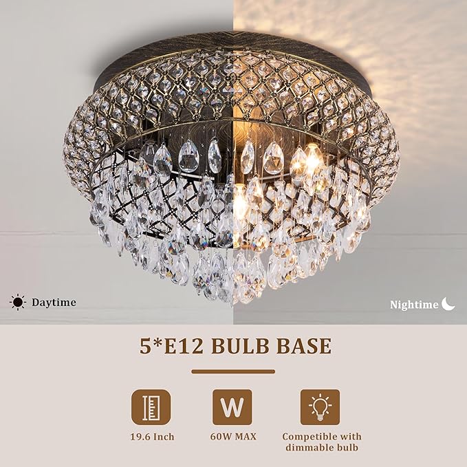Maxax 19.5'' Crystal Bronze Chandelier, 5-Light Large Vintage Farmhouse Ceiling Light Fixture, Drum Raindrop Metal Shade, French Empire, for Living Room Bedroom Dining Room Kitchen Entryway