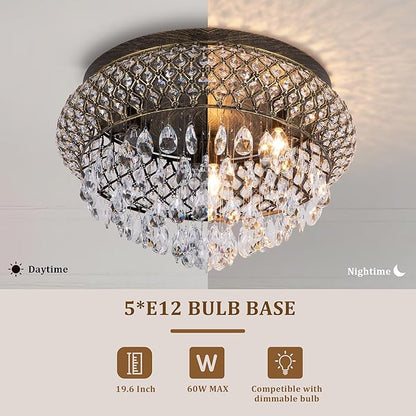 Maxax 19.5'' Crystal Bronze Chandelier, 5-Light Large Vintage Farmhouse Ceiling Light Fixture, Drum Raindrop Metal Shade, French Empire, for Living Room Bedroom Dining Room Kitchen Entryway