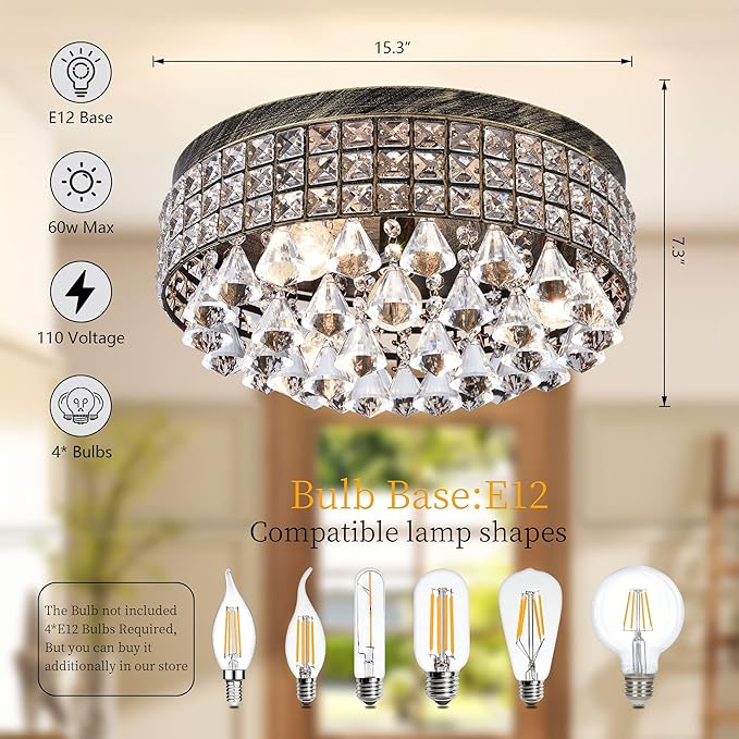 Maxax 4-Light Traditional Crystal Chandelier, Bronze Drum Ceiling Light Fixture with Round Metal Shade & Raindrop Crystals, 15,7" Vintage Flush Mount for Dining Room, Bedroom, Entryway
