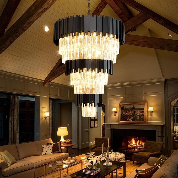 Large 8-Tier Crystal Chandeliers, 24in Black Crystal Chandelier, Luxury Round Adjustable Height Chandelier Lighting Fixture for High Ceiling, Entryway, Foyer