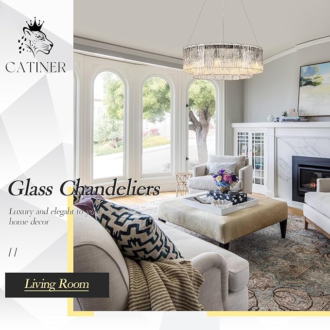 CATINER Modern Crystal Glass Round Chandelier 24”Black Chandeliers 10-Light Drum Pendant Ceiling Light Fixtures Luxury 2 Tiers Hanging Lighting for Dining Room Foyer Living Room Bedroom