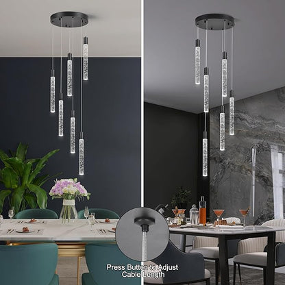 6 Light Pendant Lights Kitchen Island,Modern LED Bubble Crystal Pendants with Dimmable 3000K-6000K Ceiling Hanging Light Fixture for Dining Room Bedroom,Matte Black Finish,Adjustable Height 78"