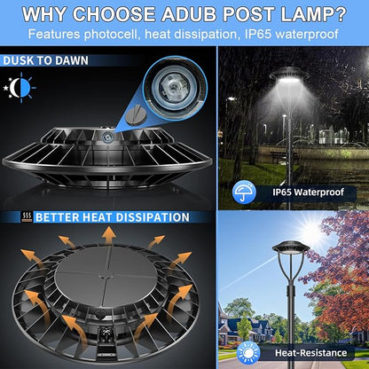 ADUB LED Post Light with Photocell, 60W 48W 36W Post Top Lights 3000K 4000K 5000K Adjustable Wattage & CCT, 7800LM Outdoor Pole Light Fixture, IP65 Waterproof Commercial Street Area Lighting