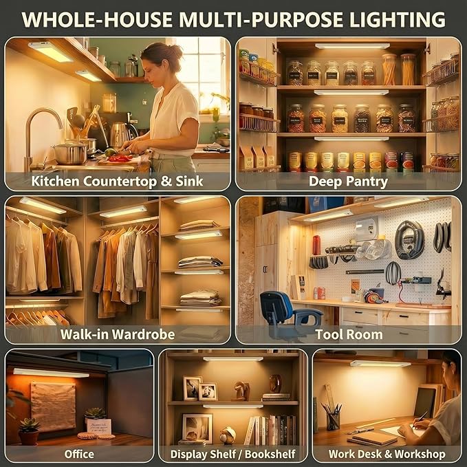 12 Inch Under Cabinet Lights 2 Packs High Brightness Easy Install Plug in, Hand Wave Activated LED Under Counter Lights for Kitchen for Bookshelf 5CCT& Stepless Dimmable Closet Motion Light