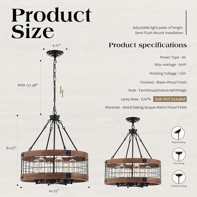 6-Light Farmhouse Drum Wood Pendant Light,20.55'' Vintage Rustic Brown Oak Wood Chandeliers,Retro Industrial Hanging Light Fixtures for Dining Room Entryway, Bedroom
