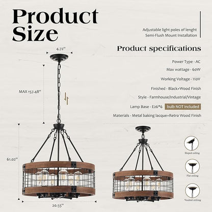 6-Light Farmhouse Drum Wood Pendant Light,20.55'' Vintage Rustic Brown Oak Wood Chandeliers,Retro Industrial Hanging Light Fixtures for Dining Room Entryway, Bedroom