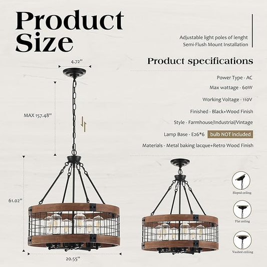 6-Light Farmhouse Drum Wood Pendant Light,20.55'' Vintage Rustic Brown Oak Wood Chandeliers,Retro Industrial Hanging Light Fixtures for Dining Room Entryway, Bedroom