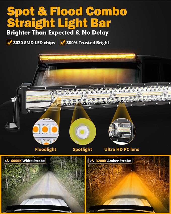 Auxbeam 50Inch LED Straight Light Bar, 6 Modes Amber White Strobe Light, 288W Dual Color Spot Flood Combo Offroad Fog Driving Light Waterproof with Memory Function for Truck Boat Jeep Pickup