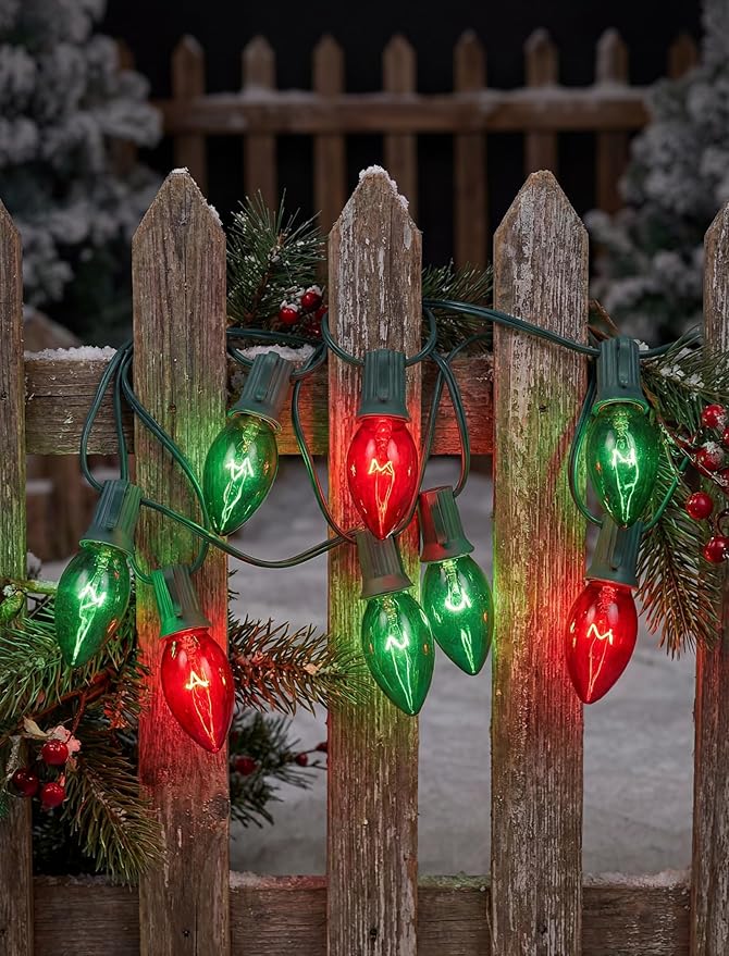 C9 Vintage Christmas String Lights, 25Ft Red & Green with 26 C9 Bulbs, Outdoor Hanging Patio Lights for Christmas Tree, Path, Roofline, Wedding Party Decoration
