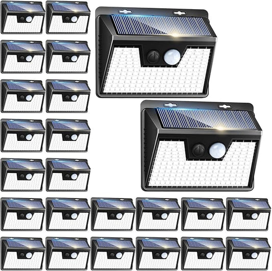 Peasur Solar Powered Lights Outdoor, 140 LED 24Pack Motion Sensor Light Outside, IP65 Waterproof Fence Security Lighting with 3 Modes for Yard Wall Garden Cool White