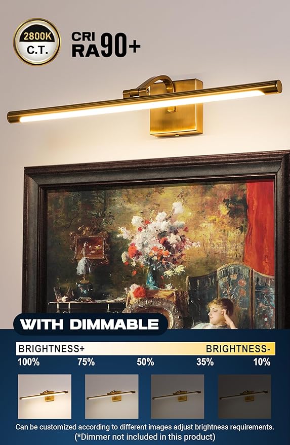 24 Inch Picture Light - Dimmable LED Wall Sconce for Artwork, Gold Brass Finish, Hardwired Gallery Lighting for Paintings and Photos