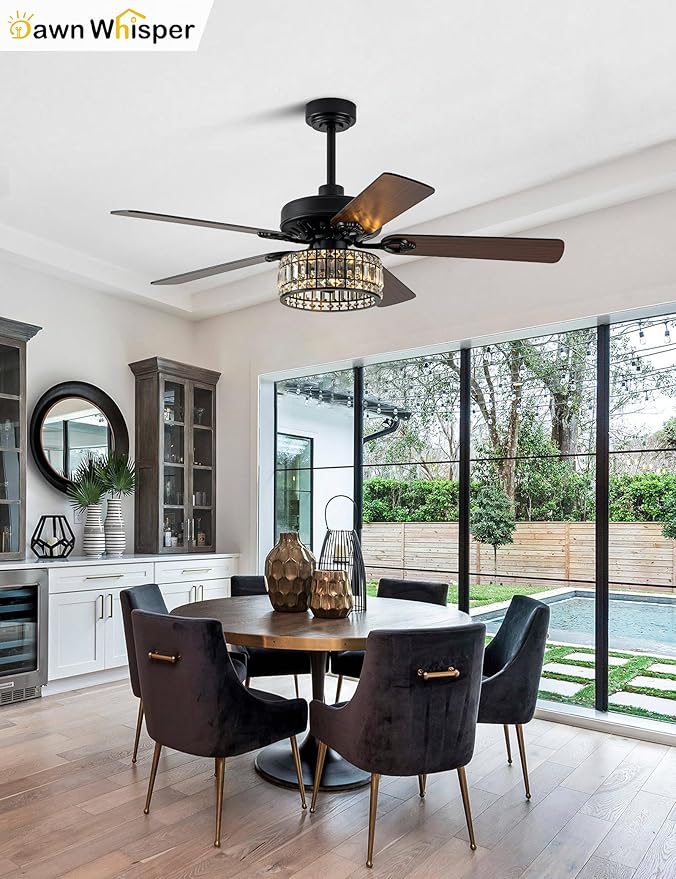Dawn Whisper 52 Inch Black Chandelier Ceiling Fans Quiet and Reversible DC Motor Modern Ceiling Fans with Lights for Bedroom Living Room