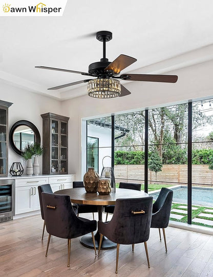 Dawn Whisper 52 Inch Black Chandelier Ceiling Fans Quiet and Reversible DC Motor Modern Ceiling Fans with Lights for Bedroom Living Room