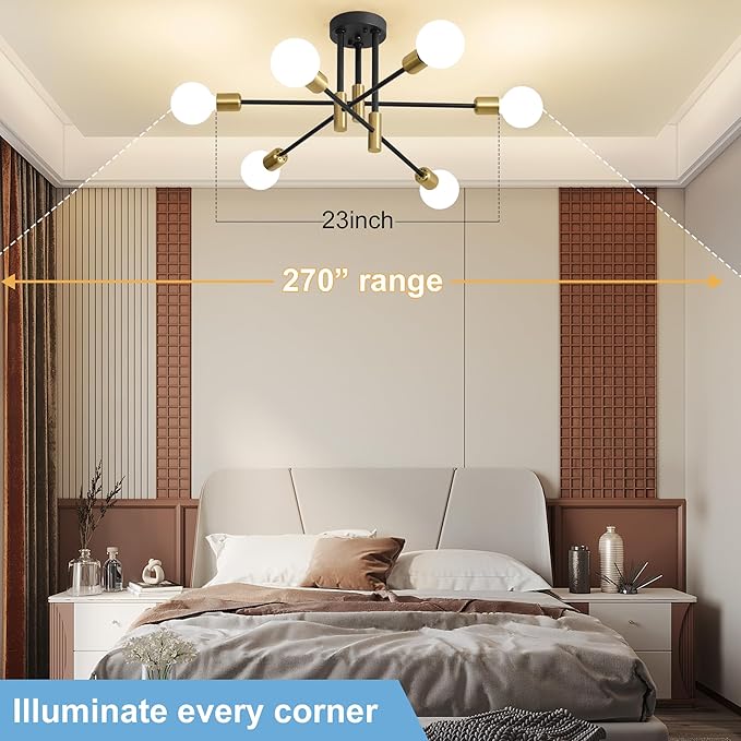Biewalk Modern Chandelier Ceiling Light Fixture, 6-Light Sputnik Dining Chandeliers 31.18" Gold and Black Chandelier Over Table, Mid Century Lights Fixture for Dining Room Living Room Kitchen Island