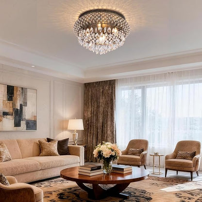 Maxax 19.5'' Crystal Bronze Chandelier, 5-Light Large Vintage Farmhouse Ceiling Light Fixture, Drum Raindrop Metal Shade, French Empire, for Living Room Bedroom Dining Room Kitchen Entryway