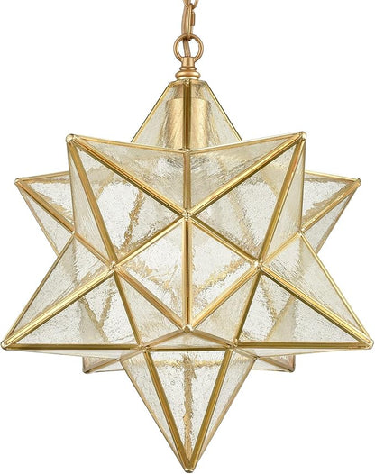 DAYCENT Moravian Star Light Fixture Modern Brass Seeded Glass Pendant Lights, 15-inch