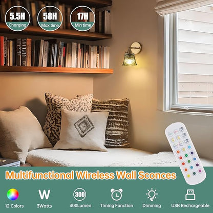 Shenmoyl Vintage Battery Operated Wall Sconces Set of Two, Wireless Battery Powered Rose Wall Sconce with Remote Control, RGB Dimmable LED Wall Light for Bedside Bathroom Living Room (Green)