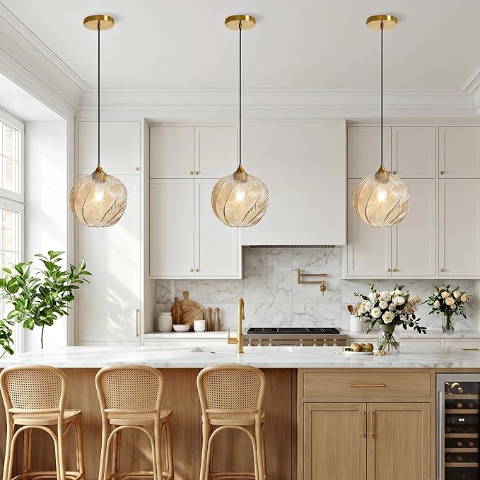 Amber Glass Gold Pendant Light, Farmhouse Kitchen Island Pendant Light Fixture Circular Shade, Adjustable Vintage Hanging Ceiling Light for Dining Room Corridor 1 Pack, UL Certification