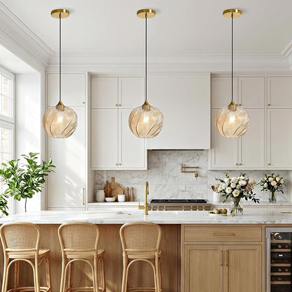 Amber Glass Gold Pendant Light, Farmhouse Kitchen Island Pendant Light Fixture Circular Shade, Adjustable Vintage Hanging Ceiling Light for Dining Room Corridor 1 Pack, UL Certification
