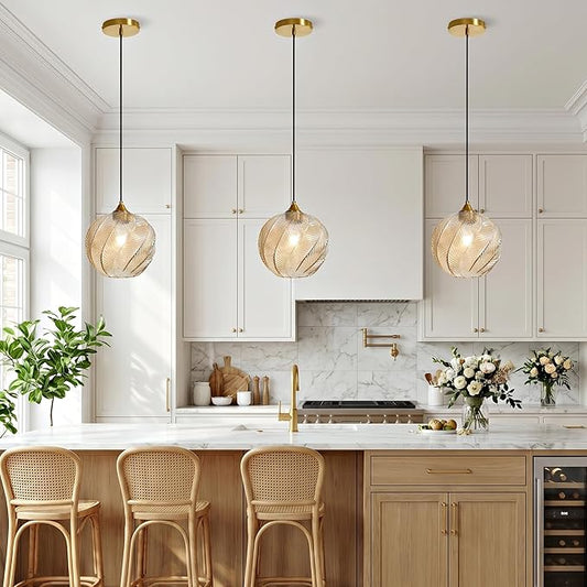 Amber Glass Gold Pendant Light, Farmhouse Kitchen Island Pendant Light Fixture Circular Shade, Adjustable Vintage Hanging Ceiling Light for Dining Room Corridor 1 Pack, UL Certification