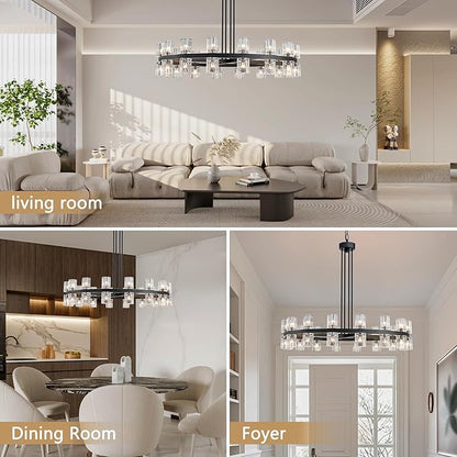 36" Black Wagon Wheel Crystal Chandelier for Dining Room Over Table, Modern Round K9 Crystal Ceiling Chandelier Pendant Light Ideal for Living Room Entryway Foyer