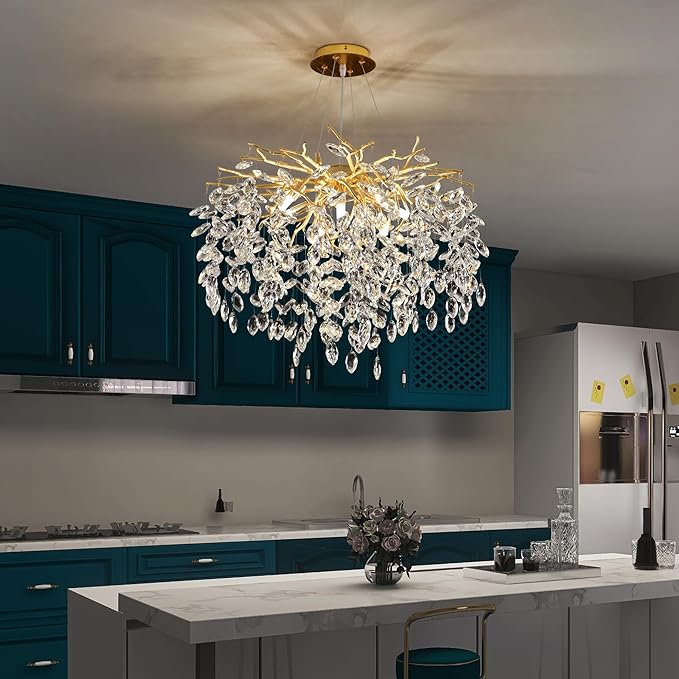 Gold Crystal Tree Branch Chandelier, Modern Round Art Deco Raindrop Lighting Fixture for Dining Room Bedroom Living Room 8 Lights D23.7''