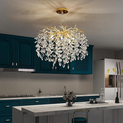 Gold Crystal Tree Branch Chandelier, Modern Round Art Deco Raindrop Lighting Fixture for Dining Room Bedroom Living Room 8 Lights D23.7''