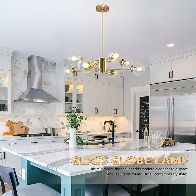 Bagood 8-Light Globe Sputnik Chandelier Modern Gold Sputnik Chandelier Mid Century Globe Pendant Light Brushed Brass Finished with Clear Glass Lampshade Chandeliers for Kitchen Bedroom