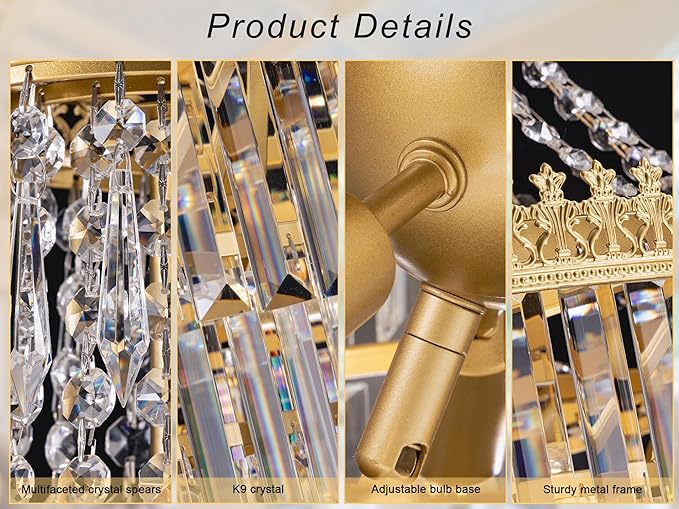 TOCHIC French Empire Crystal Chandelier Modern Farmhouse Chandelier Ceiling Light for Foyer Entryway High Ceiling, Vintage Gold Chandelier Light Fixture for Dining Living Room 28" W x 48" H