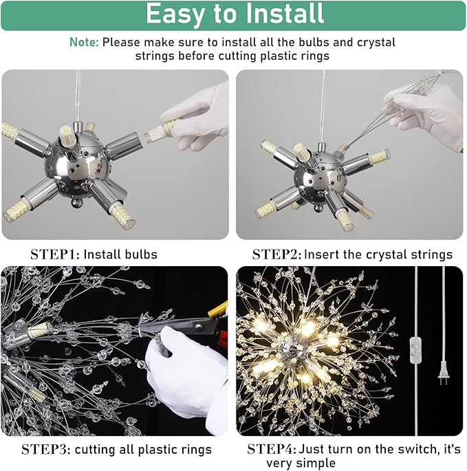 Plug in Crystal Chandelier, Modern Plug in Pendant Light Hanging Light Fixture 2-in-1 Chrome Pendant Light Dandelion Chandeliers for Dining Room Bedroom Kitchen Foyer Entryway Living Room