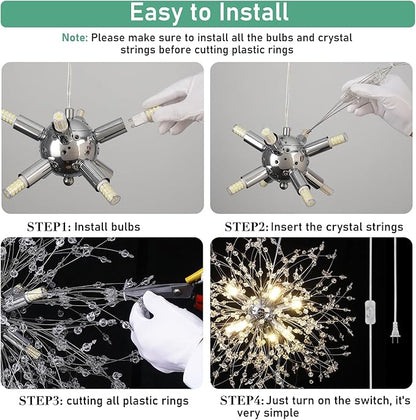 Plug in Crystal Chandelier, Modern Plug in Pendant Light Hanging Light Fixture 2-in-1 Chrome Pendant Light Dandelion Chandeliers for Dining Room Bedroom Kitchen Foyer Entryway Living Room