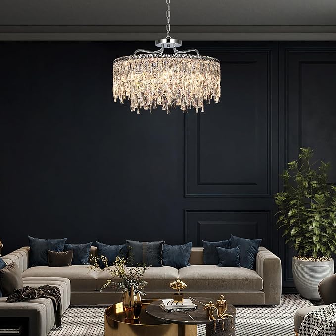 Luxury Crystal Chandelier, 24" Modern Round Dining Room Chandeliers Over Table，8 Lights Chrome Ceiling Pendant Ceiling Lighting for Living Room Bedroom Entryway Foyer Staircase