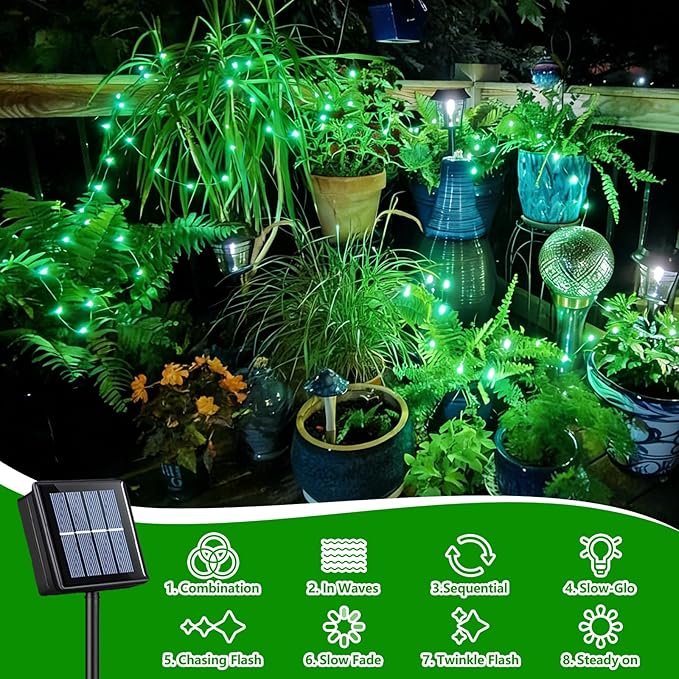 QITONG Green Solar Fairy Lights, 2 Pack Each 66ft 200 LED String Light Outdoor Waterproof, Silver Wire Christmas Twinkle Mini Lights with 8 Modes