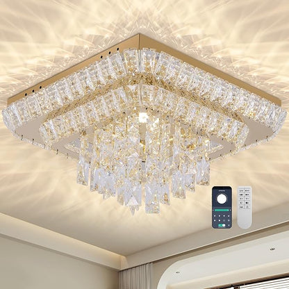 COCOSTAR Crystal Chandeliers, Modern Led Luxury Chandelier, 25" Suqare Flush Mount Chandelier Ceiling Light, Chandeliers for Dining Room, Living Room, Bedroom, Gold