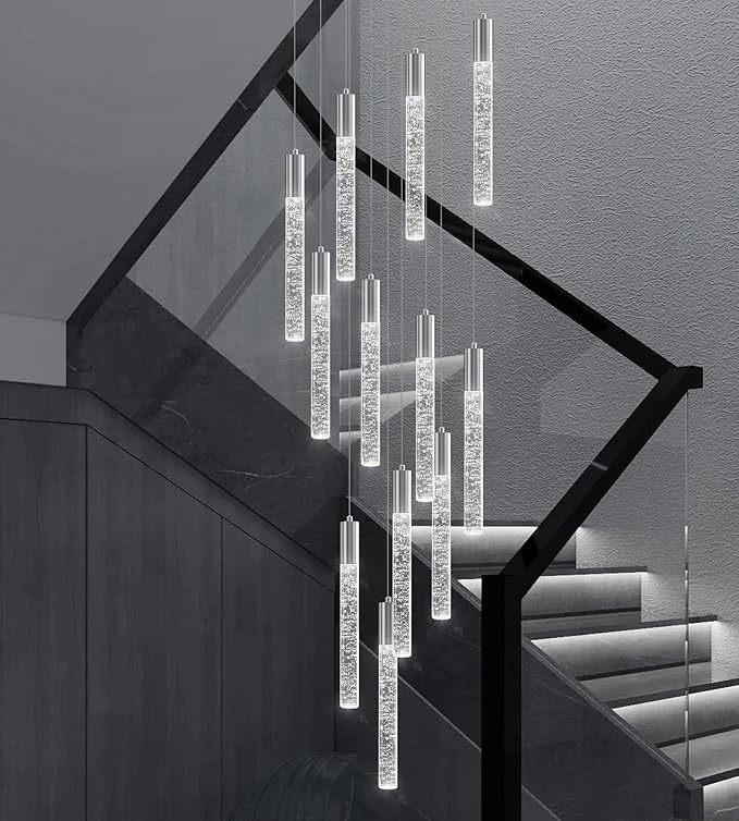 Modern High Ceiling Crystal Chandelier 12-Lights, Large Spiral LED Raindrop Foyer Pendant Lighting, Bubble Staircase Living Room Hanging Light Fixture Flush Mount Chrome