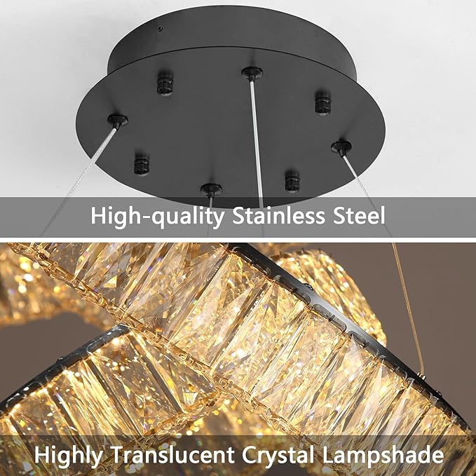 HAIXIANG Modern Crystal Chandelier Dimmable Large Ring LED Pendant Lights Adjustable Glam Chandeliers Lighting Fixtures for Dining Room Living Room Bedroom Black Light