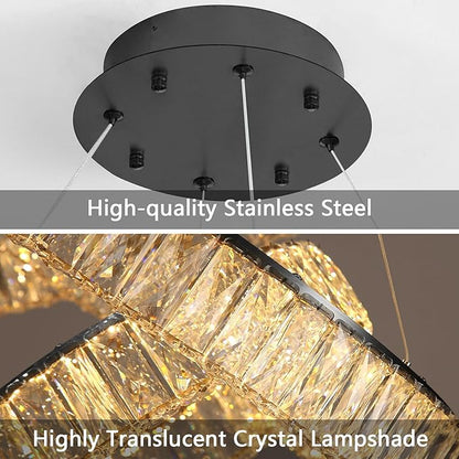 HAIXIANG Modern Crystal Chandelier Dimmable Large Ring LED Pendant Lights Adjustable Glam Chandeliers Lighting Fixtures for Dining Room Living Room Bedroom Black Light
