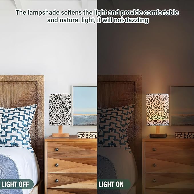 Bedside Table Lamp White Leopard Cheetah Animal Print Nightstand Lamp with Wood Desk Lamps for Bedroom Living Room Nursery Office Home Decor