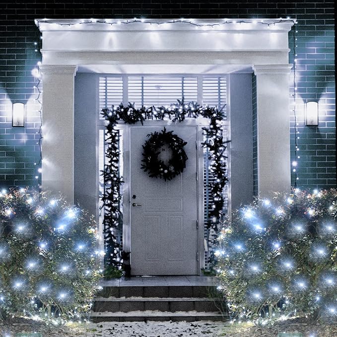 Cool White Net Lights, 360 LED Outdoor Christmas Net String Lights, 21 ft x 5 ft Large Net Mesh String Lights, 8 Modes Twinkle Lights Connectable Plug in for Bushes Christmas Yard Garden Party Decor