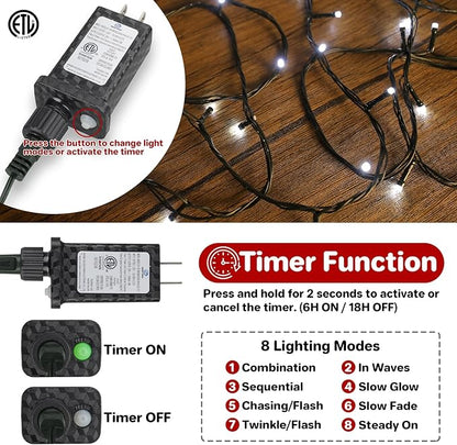 33FT Christmas Decorative Mini Lights, 100 LED Green Wire Fairy Starry String Lights Plug in, Timer & Memory & 8 Modes, for Indoor Outdoor Xmas Tree Wedding Party Decoration, Cool White
