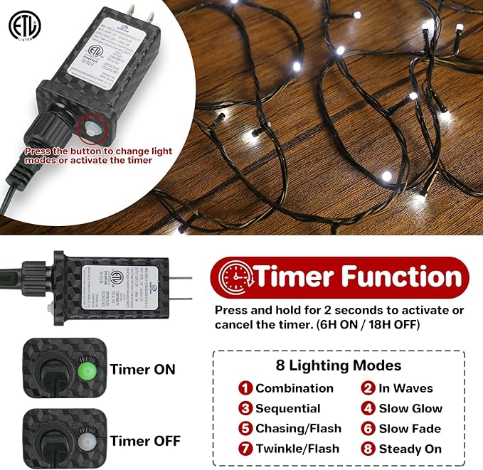 66ft 200 LED Christmas StringLights, End-to-End Plug 8 Modes Christmas Lights with Timer, OutdoorIndoor Fairy Lights Christmas Tree, Patio, Garden, Party, Wedding, Holiday, Cool White