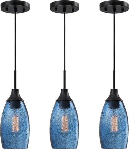 Viinew Mini Glass Pendant Light,4.72" Dark Blue Glass Hanging Light 3-Pack Handblown Clear Blue Seeded Shade Adjustable Cord Ceiling Light Fixture for Kitchen Island Sink