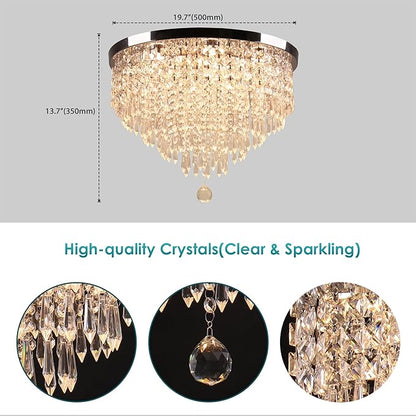 19.7" Crystal LED Flush Mount Ceiling Light, 5-Tier K9 Raindrop Crystals, Chrome Stainless Steel Chandelier Fixture for Bedroom, Living Room & Dining Room 3000K Warm White