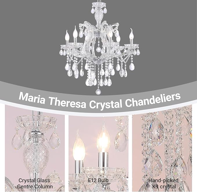 Modern Crystal Chandelier, Maria Theresa Crystal Chandelier 6 Lights Luxury Chrome Chandelier Lighting Fixture for Dining Room, Living Room, Bedroom, Kitchen Island, Foyer