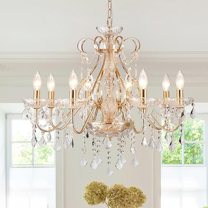 Saint Mossi Gold Crystal Chandelier for Dining Room, 8-Light Modern Chandelier Pendant Light, Gold Crystal Raindrop Chandelier for Bedroom, Living Room, Foyer