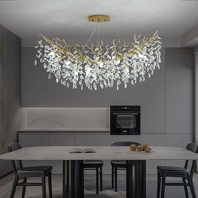 Rectangle Crystal Tree Branch Chandelier, L47.3'' Modern Luxury Gold Linear Art Deco Raindrop Pendant Lighting Fixture for Kitchen Island Foyer Living Room Dining Room 12 Lights