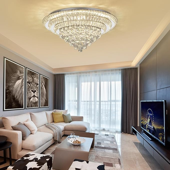 Miuyhji Elegant LED Crystal Raindrop Ceiling Light, 30" Flush Mount Chandelier Light Fixture with Remote Control for Living Room Kitchen Island Bedroom Hallway Entryway Foyer(Dimmable)