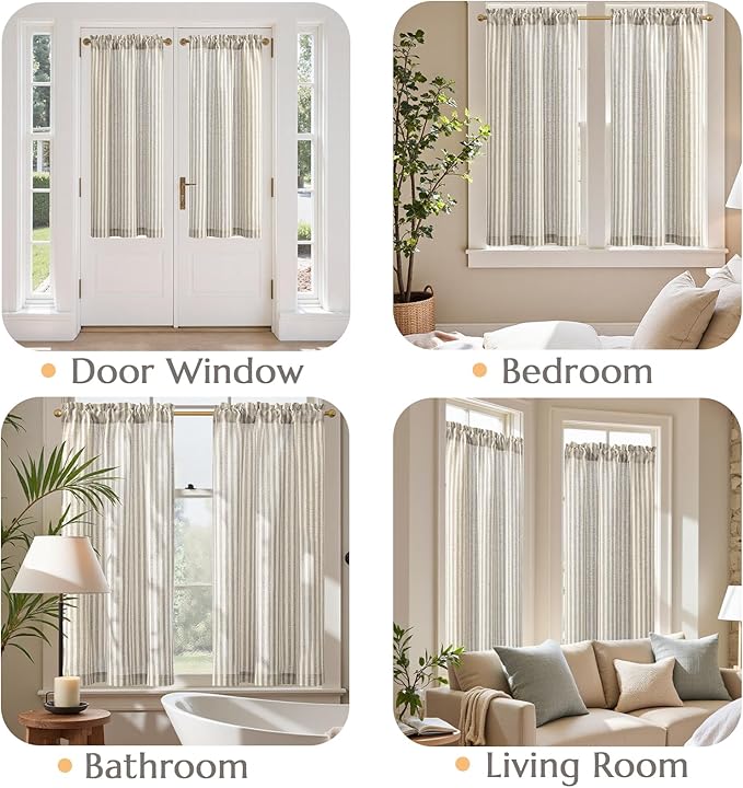 jinchan Striped Linen Kitchen Curtains 45 Inches Tier Curtains Farmhouse Modern Cafe Style Small Window Treatments Airy Light Filtering Rod Pocket for Living Room Bathroom 2 Panels Taupe Grey
