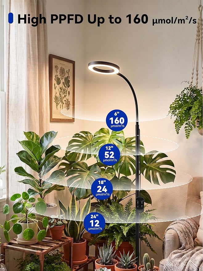 GLOWRIUM Grow Lights for Indoor Plants,20W Full Spectrum LED Plant Light with Stand,Adjustable Height,3/9/12H Timer,6 Dimmable Levels & 3 Lighting Modes (Black-Single Head)